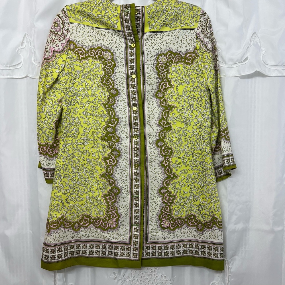 Vintage 70’s Alex Colman California Paisley Shift Dress Chartreuse Green—Small